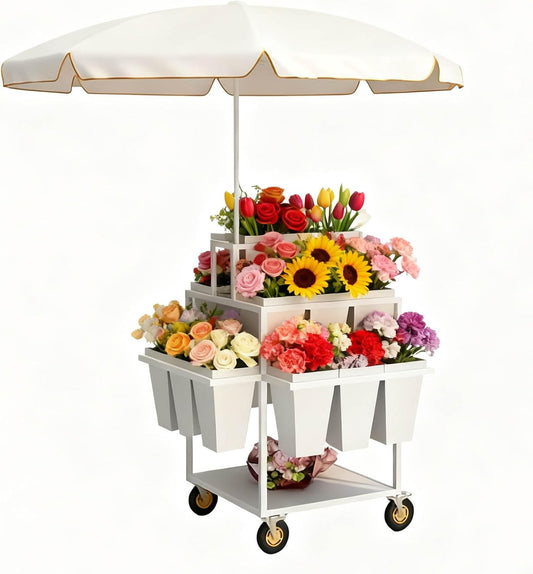Metal Garden Cart Plant Stand with 18pcs Buckets and parasols, Slide Out Rolling Flower Display Rack, for Florist, Patio Garden, Weddings Party, Business Market (White)
