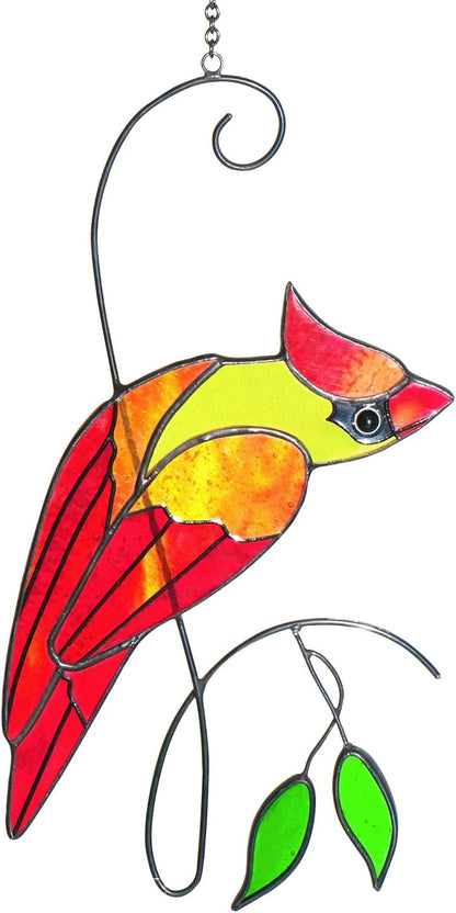 Cardinal Stained Glass Window Hanging, Handmade Memorial Gift for Women Men, Sun Catcher Indoor Window Decor, Suncatcher Bird Decoration, for Mom Bird Lover, 14.6(H) x5.9(W) Inch, Hanger Given