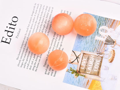 JIC Gem 4Pcs Orange Selenite Balls 1.4-1.7 Inch Small Natural Selenite Crystal Spheres