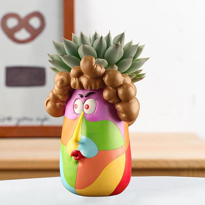 TOZLU Picasso Brutalist Abstract Beauty Face Flower Pot Ornaments Abstract Face Flower Pots Abstract Head Planter Pots Container Colorful Face Art Abstract Resin Flower Pot (Curly Haired Girl)