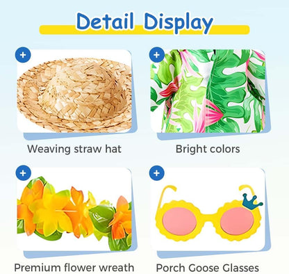 Hawaiian Porch Goose Outfits,2025 New Yard Goose Clothes Hawaiian Wreath with Straw Hat Glasses,4 Pcs/Set Summer Lawn Goose Costume,for 23" Statue Patio Garden Decoration