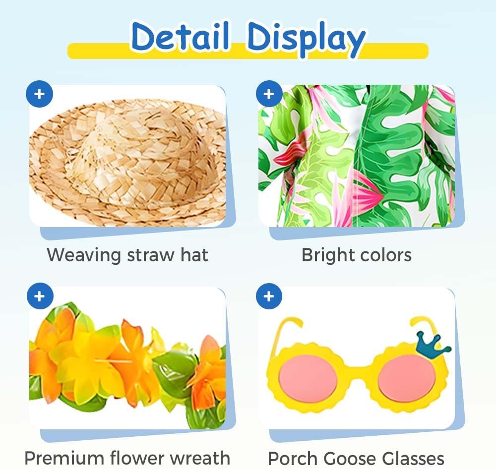 Hawaiian Porch Goose Outfits,2025 New Yard Goose Clothes Hawaiian Wreath with Straw Hat Glasses,4 Pcs/Set Summer Lawn Goose Costume,for 23" Statue Patio Garden Decoration