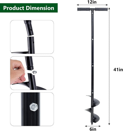 Post Hole Digger Manual 6" x 41" Garden Auger Spiral Drill with T Shaped Handle for Digging Planting Bulb Bedding