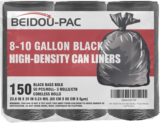 8-10 Gallon Trash Bags, 150 Count Black Garbage bags, Multi-purpose Trash Can Bin Liners for