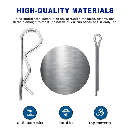 Boatsea 250Pcs Cotter Pin Assortment Kit R Clips Spring Retaining Hair Pins Assortment Kit, Including 6 Sizes 110PCS Cotter Pins and 6 Sizes 140PCS Hairpin Pins, Zinc-Plated