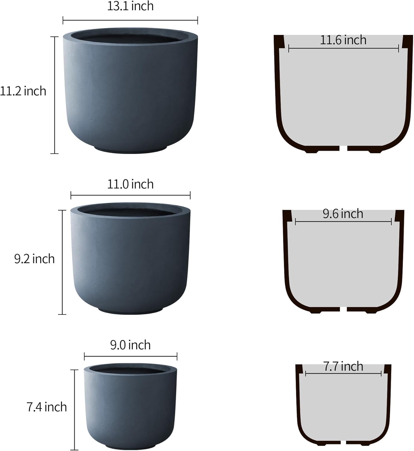 Kante 13",11",9" Dia Round Concrete Large Plant Pots Outdoor Indoor Planters Bowl with Drainage Hole for Patio, Set of 3,Charcoal