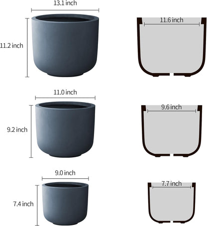 Kante 13",11",9" Dia Round Concrete Large Plant Pots Outdoor Indoor Planters Bowl with Drainage Hole for Patio, Set of 3,Charcoal