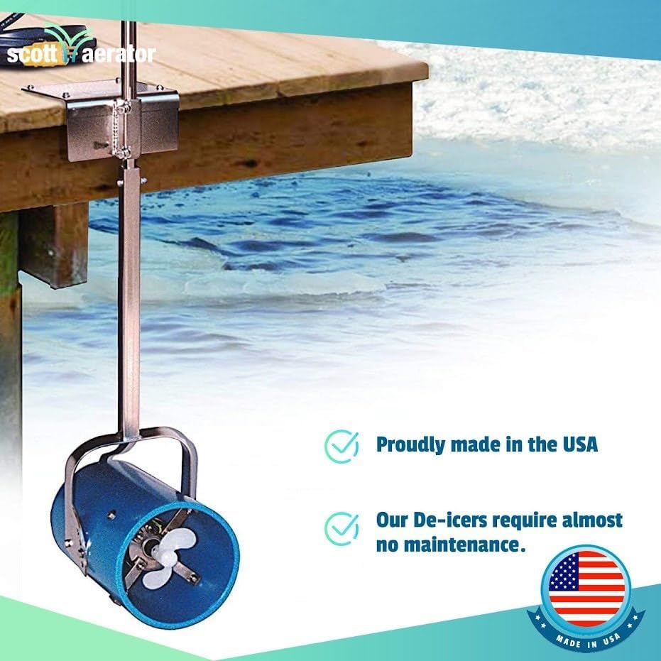 Scott Aerator DeIcer for Lakes & Ponds | 3/4 Horse Power 115V Stainless Steel | 50 ft. Electric Corded Cable Included with Dock Mount Assembly | Made in USA