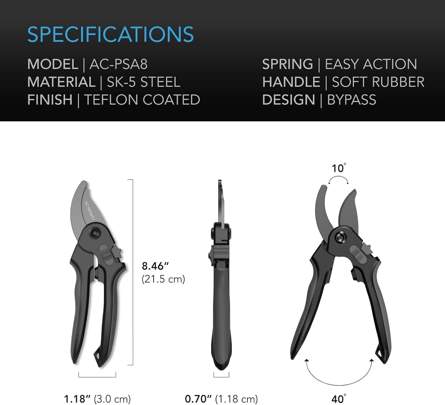 AC Infinity 8” Professional Bypass Pruning Shear, Stainless Steel SK-5 Blades with Nonstick Teflon Coating, Tree Trimmer Secateurs for Gardening, Hydroponics, Grow Tents