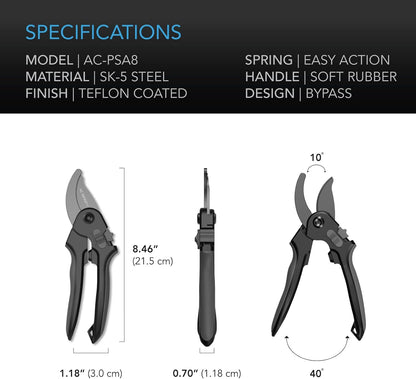 AC Infinity 8” Professional Bypass Pruning Shear, Stainless Steel SK-5 Blades with Nonstick Teflon Coating, Tree Trimmer Secateurs for Gardening, Hydroponics, Grow Tents