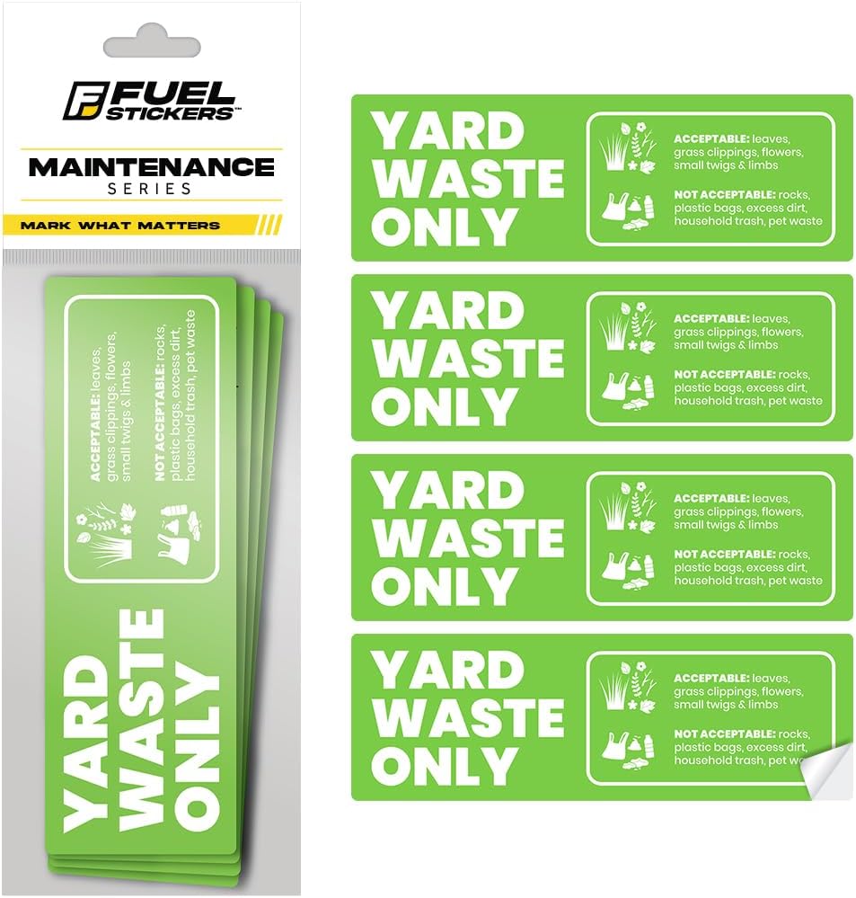 Yard Waste Sticker - Yard Waste Bin Sign - with Helpful Tips and Do & Don't Reminder - 3-5 Year Indoor/Outdoor Rated - Heavy Duty, Weather Proof, Ultra Durable - USA Made (6x2 inch), 20 Labels