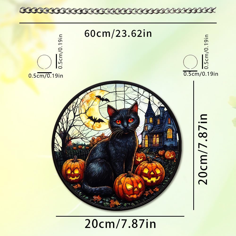 Halloween Sun Catcher - 8 Inch Round Suncatcher for Window Hanging Decoration - Creates Indoor Rainbows Light Refraction - Spooky Ghost, Witch, Pumpkin Design - Suction Cup Hook & Chain