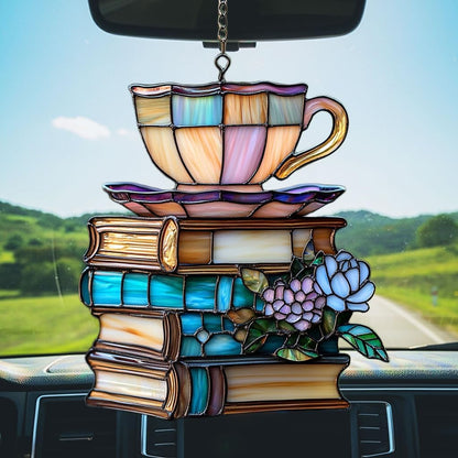 Flowers Book and Tea Acrylic Suncatcher Stained Glass Effect Window Car Hanging Christmas Ornament Indoor Outdoor Decor Garden Sun Catcher Panel for Book Lover for Women Mom Grandma