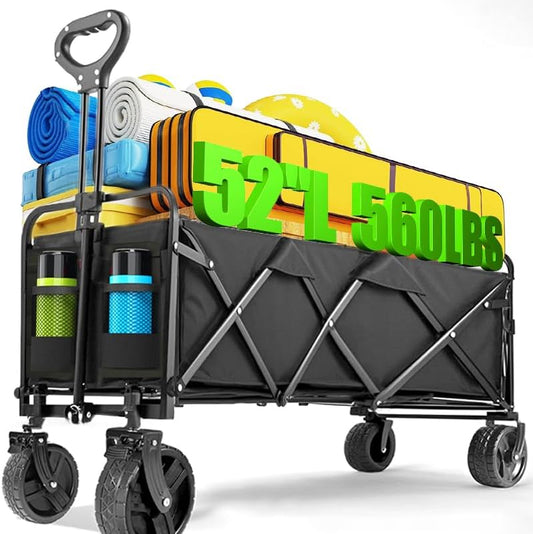 52" L Collapsible Wagon Cart Foldable, 300L 560lbs Weight Capacity, Heavy Duty Beach Wagon with Big