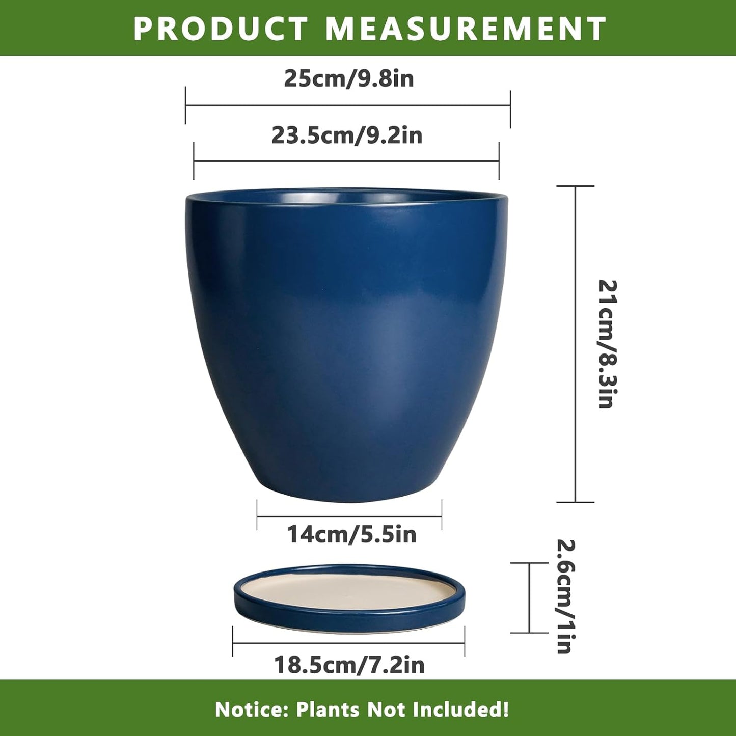10 Inch Plant Pot - Ceramic Planter with Drainage Hole and Saucer, Modern Flower Pot, Round Planters for Indoor Plants, Home Patio Bathroom Porch Garden Living Room Decor, Blue
