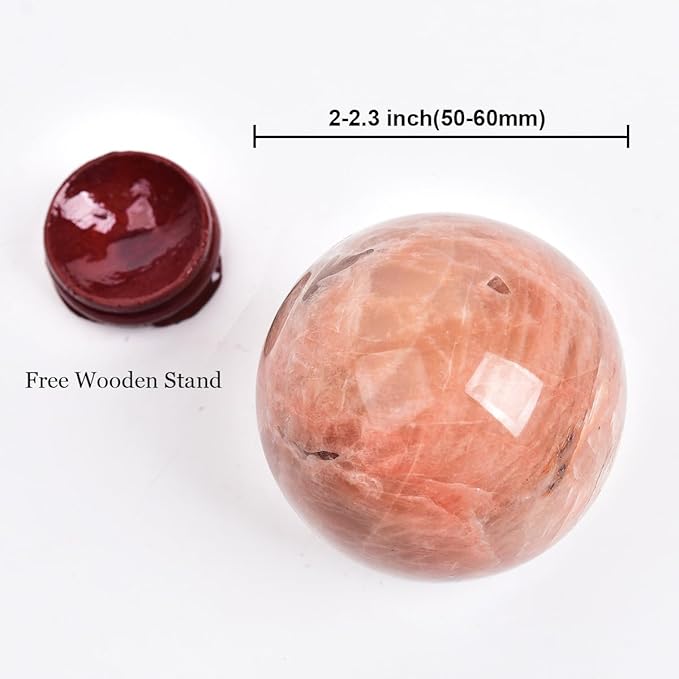 JIC Gem Orange Moonstone Crystal Ball Healing Crystals Sphere with Decorative Wooden Stand 2-2.3 inch (50-60mm)
