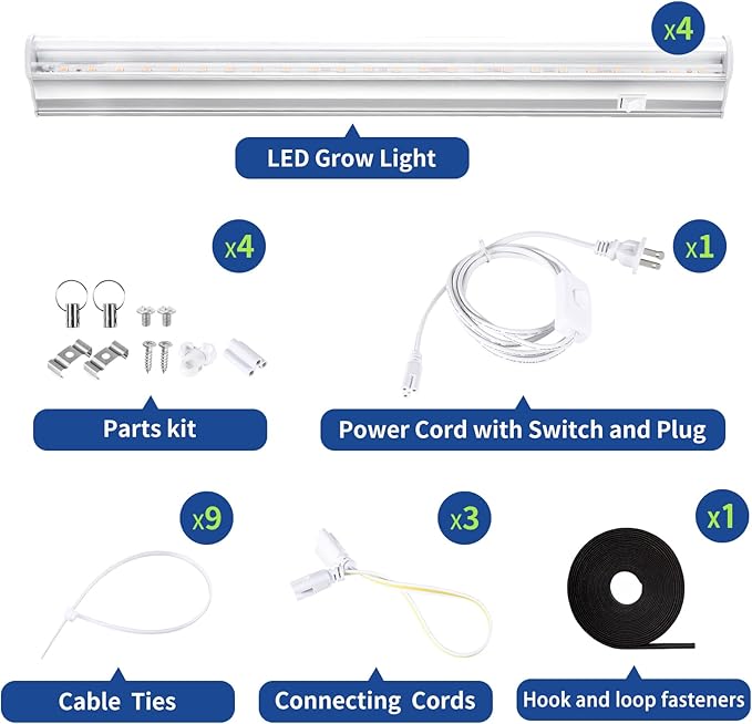 Grow Lights for Indoor Plants, 3000K Full Spectrum, 1FT Plant Growing Lamp with Side Switch, LED Grow Light Bulbs, T5 Grow Light Strip, Plug and Play, 4-Piece Set