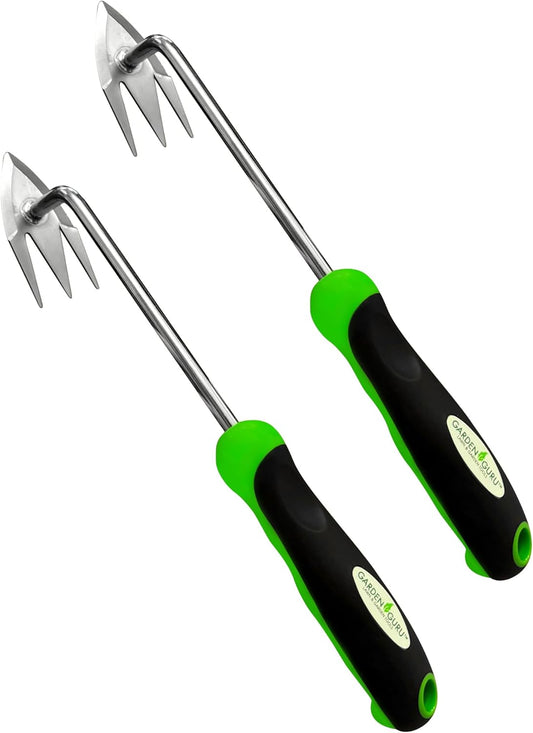 Garden Guru Root Weeder Tool with Ergonomic Handle - Stainless Steel Weed Puller for Planting, Weeding, Flower and Vegetable Care in Lawn Garden Yard | Rust Resistant (2 Pack)