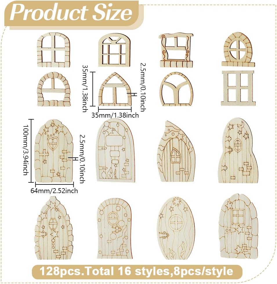 128 Pcs Fairy Doors, 16 Styles Wooden Miniature Garden Door Unfinished DIY Blank Windows for Miniature Fairy Room Decorations