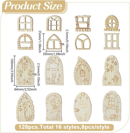 128 Pcs Fairy Doors, 16 Styles Wooden Miniature Garden Door Unfinished DIY Blank Windows for Miniature Fairy Room Decorations