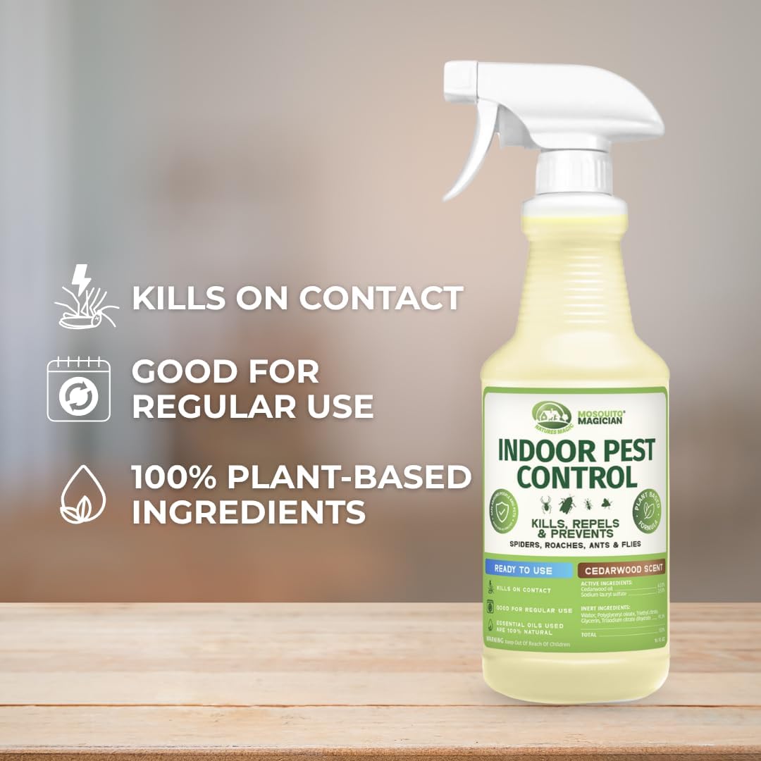 Mosquito Magician Indoor Pest Spray – Design for Indoor Use to Neutralize Spiders, Roaches, Ants & Flies with Plant-Sourced Essential Oils, Efficient Ready to Use Home Pest Spray – Lemongrass, 32 OZ