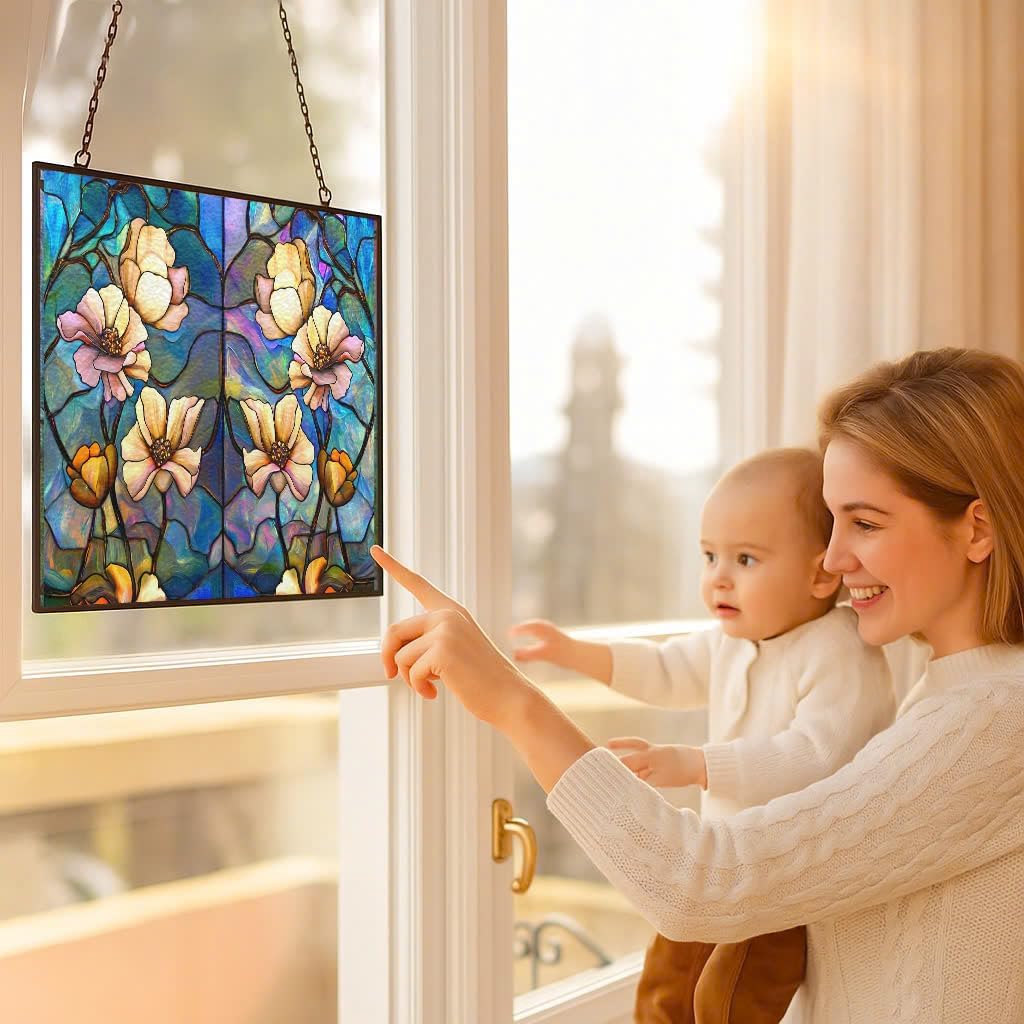 Customized Rectangle Rainbow Lotus Stained Glass Window Hanging, Suncatcher for Women, Stained Glass Window Decor Perfect Home Décor