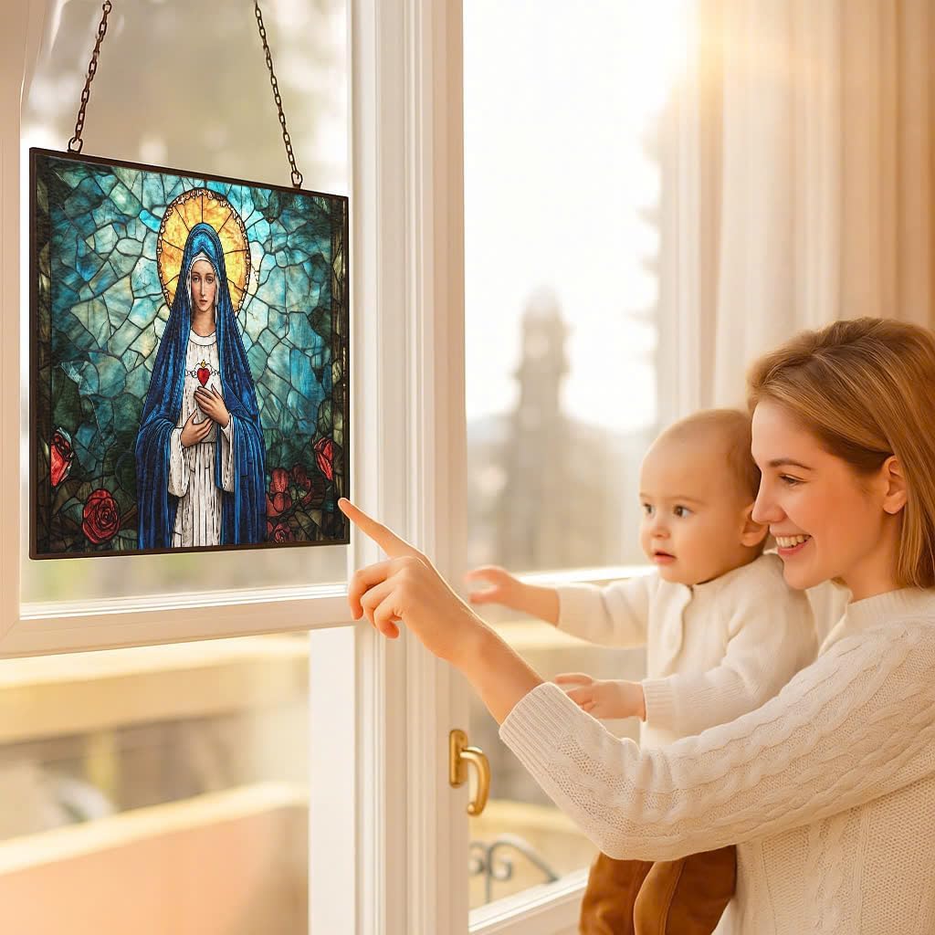 Rectangle Virgin Mary Stained Glass Window Hangings, Cat Butterfly Sunflower Handcrafted Stained Glass Suncatchers, Gift for Cat Lovers Nature Lovers 15"x11"