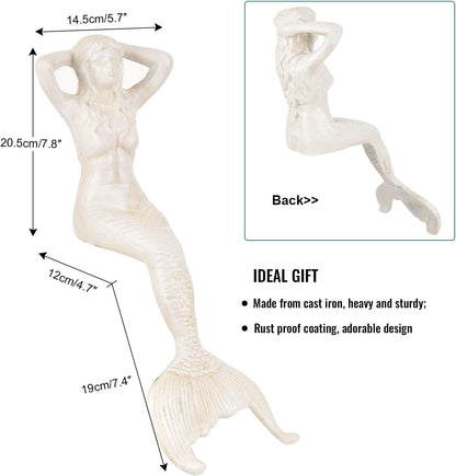 Sungmor 14.3" Tall Large Cast Iron Mermaid Statue, Sitting Mermaid Sculpture Decoration for Pool Pond Birdbath Shelf Desk, Rustic White Garden Figurines for Indoor Outdoor Fish Tank Fountain Rockeries