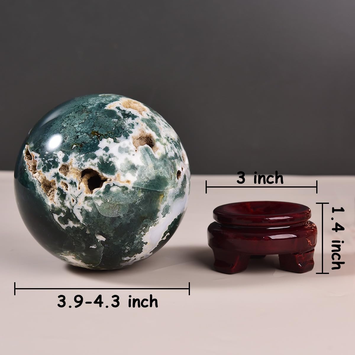 Large Moss Agate Crystal Sphere Natural Healing Crystal Ball with Stand Meditation Decorative Balls Home Decor 100-110mm/3.9-4.3"