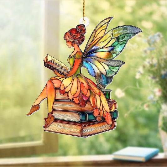 Reading Fairy Book Ornament – Stained Glass Style Acrylic Christmas Ornament, Book Lover Gift for