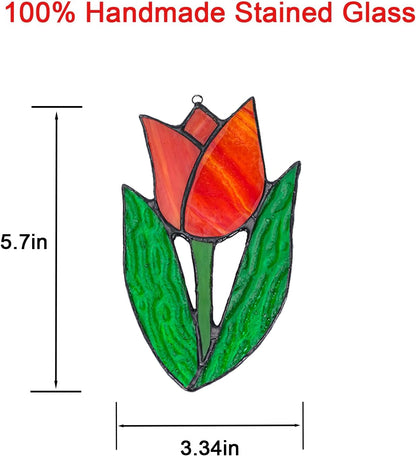 Tulip Stained Glass Window Hanging Suncatcher Handmade Flower Plant Stained Glass Sun Catchers Perfect for Indoor Window,Kitchen,and Living Rooms Spring Home Decor Gifts for Mom Women Plant Lover