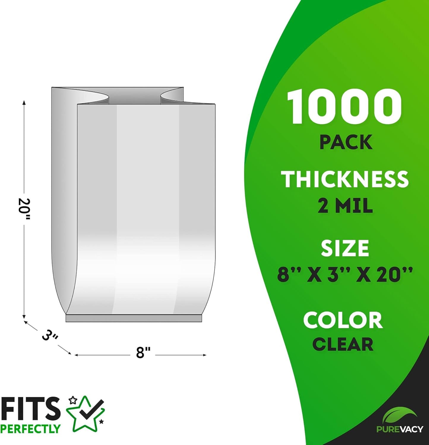 Clear Gusseted Poly Bags, 8 x 3 x 20 Inch, 1000 Pack Side Gusseted Plastic Bags 2 Mil. Leakproof for Packaging, Gift Favors, Fruits, Grains, Coffee Beans
