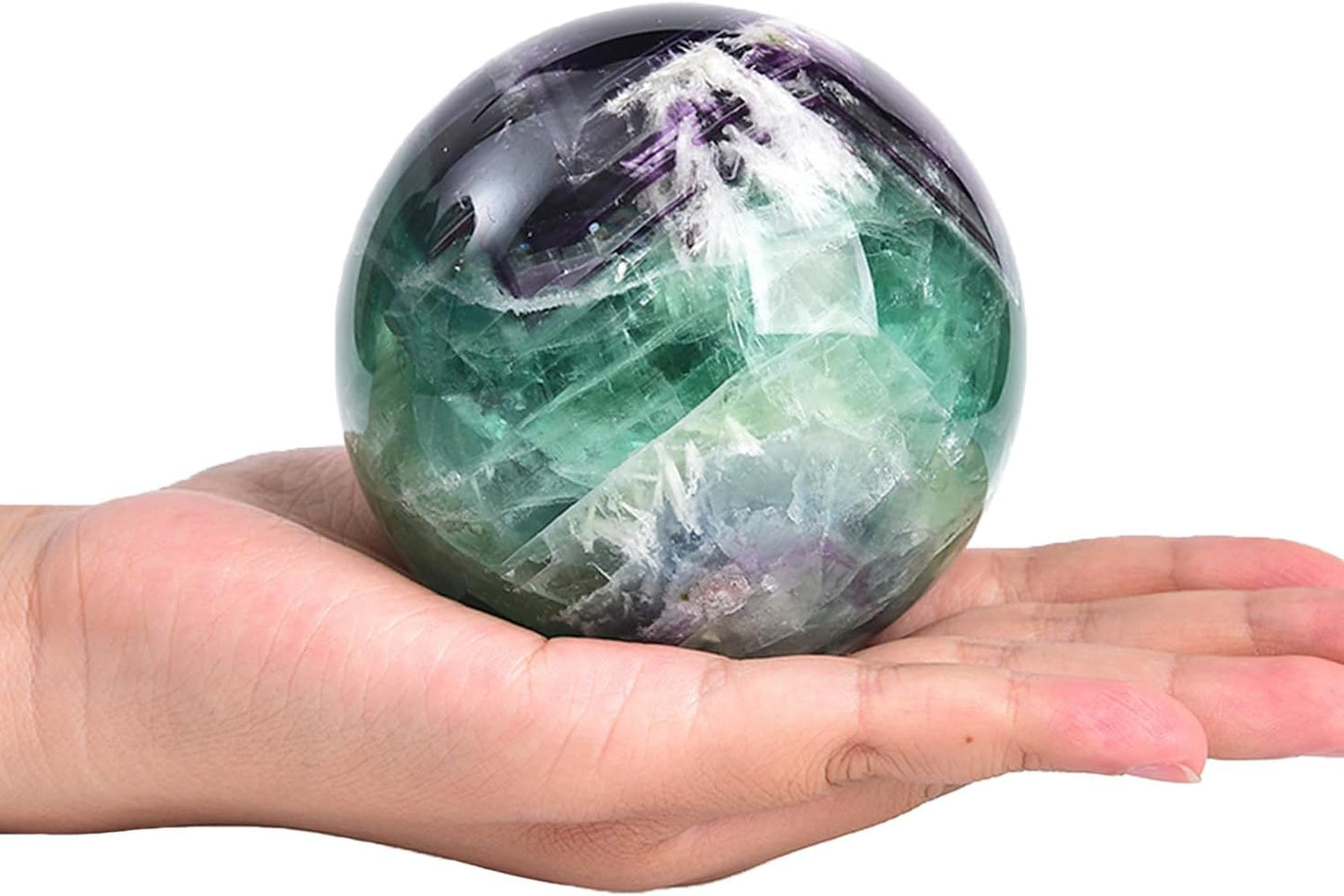 JIC Gem 2.7-3.1 inch(70-80mm) Large Crystal Ball Feather Fluorite Healing Crystals Sphere with Wooden Stand Meditation Home Decor