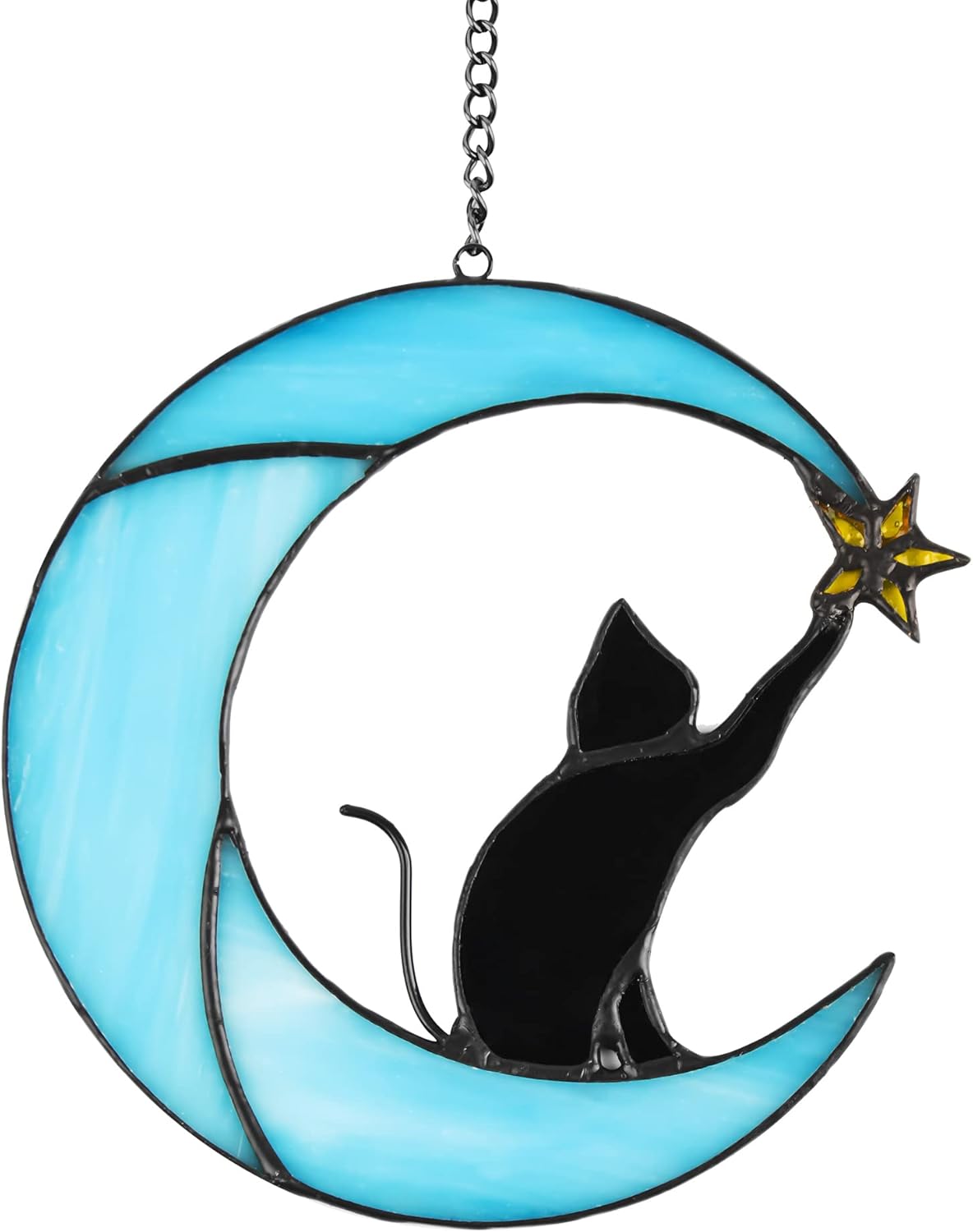 Stained Glass Cat on Moon Pick Star Window Hanging Suncatchers Memorial Gift Decor for Women (Black Cat on Blue Moon)
