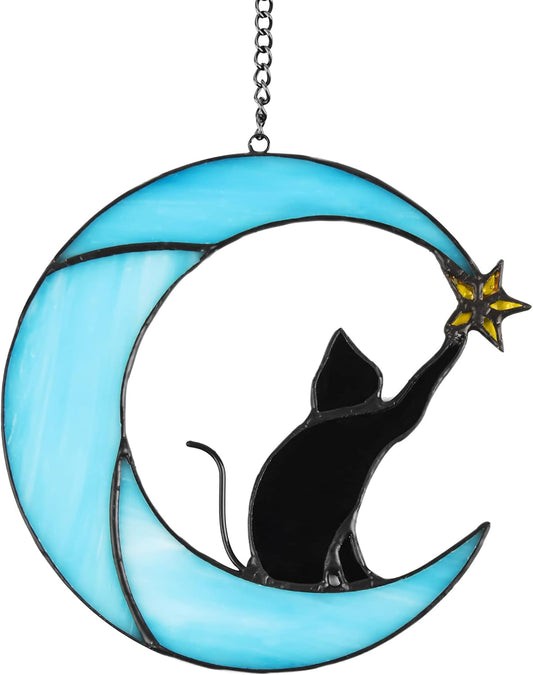 Stained Glass Cat on Moon Pick Star Window Hanging Suncatchers Memorial Gift Decor for Women (Black