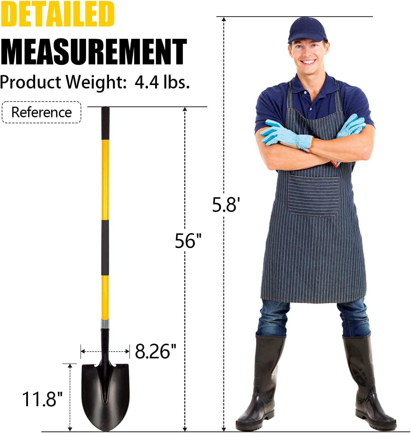 VNIMTI Heavy Duty Gardening Shovel, 56 Inch Round Blade with Fiberglass Handle (Yellow)