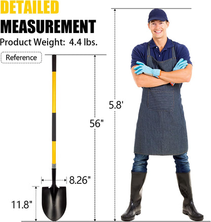 VNIMTI Heavy Duty Gardening Shovel, 56 Inch Round Blade with Fiberglass Handle (Yellow)