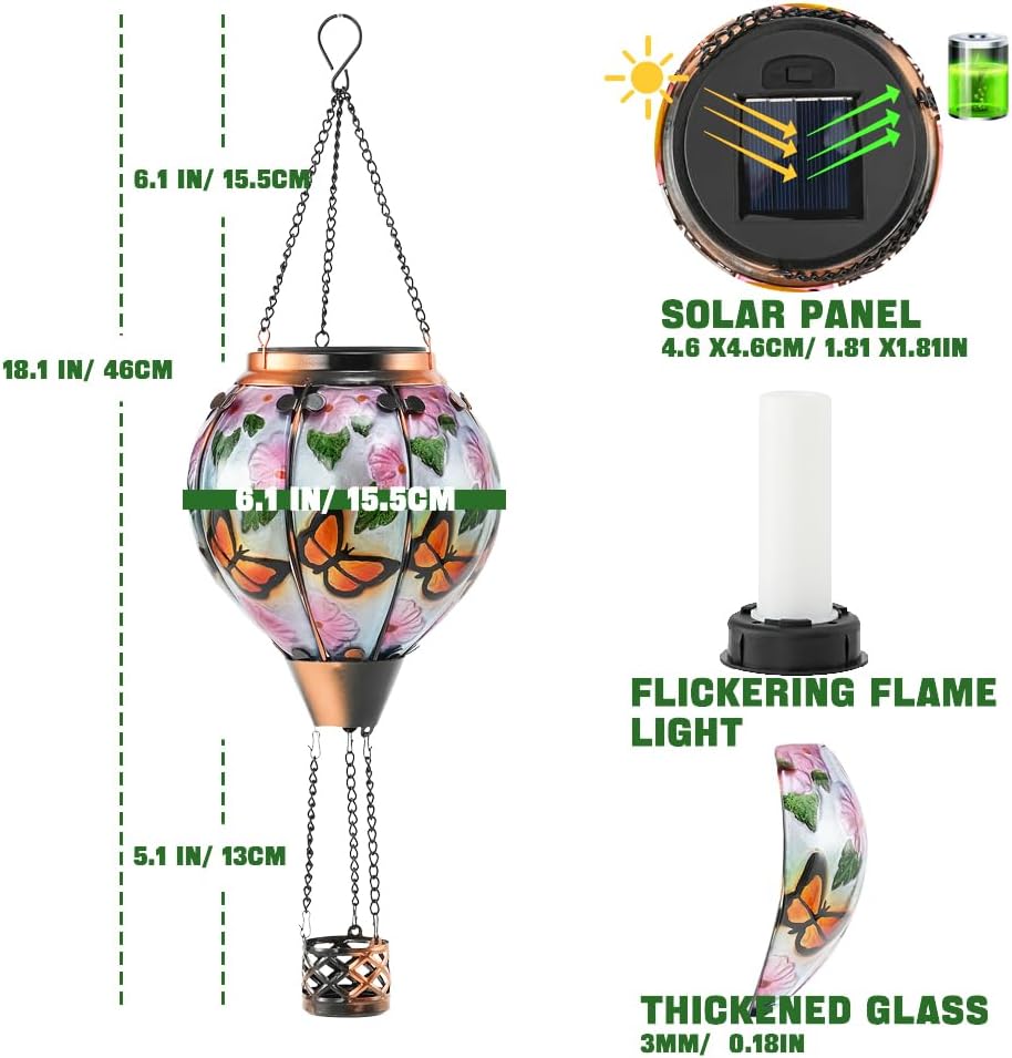 Hot Air Balloon Solar Lantern - Butterfly Stained Glass Lantern, Simulated Flickering & Dancing Flame, Outdoor Hanging Yard Light Waterproof IP65 for Patio Lawn Porch Decor Gift