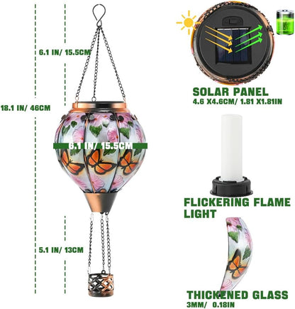 Hot Air Balloon Solar Lantern - Butterfly Stained Glass Lantern, Simulated Flickering & Dancing Flame, Outdoor Hanging Yard Light Waterproof IP65 for Patio Lawn Porch Decor Gift