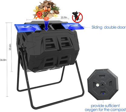 SQUEEZE master Large Compost Tumbler Bin - Outdoor Garden Rotating with Thermometer -Automatic Temperature Measurement-Sturdy Steel Frame - 43Gallon (2-21.5Gal)- Blue Door