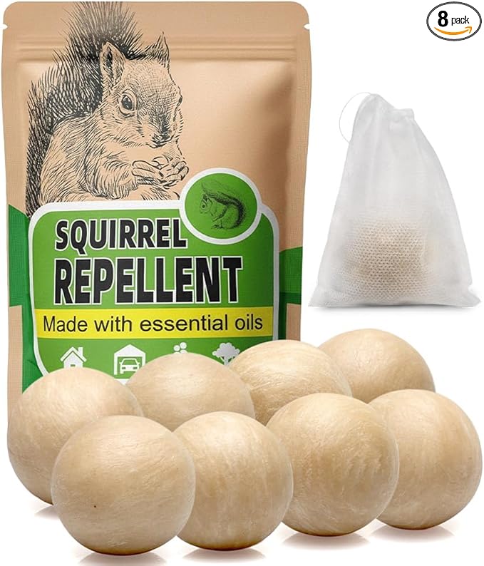 Squirrel Repellent, Chipmunk Repellent Outdoor, Squirrel Deterrent Balls, Safe for Garden, Attic, Bird Feeders, Garage, Lasting 60 Days-8 Packs