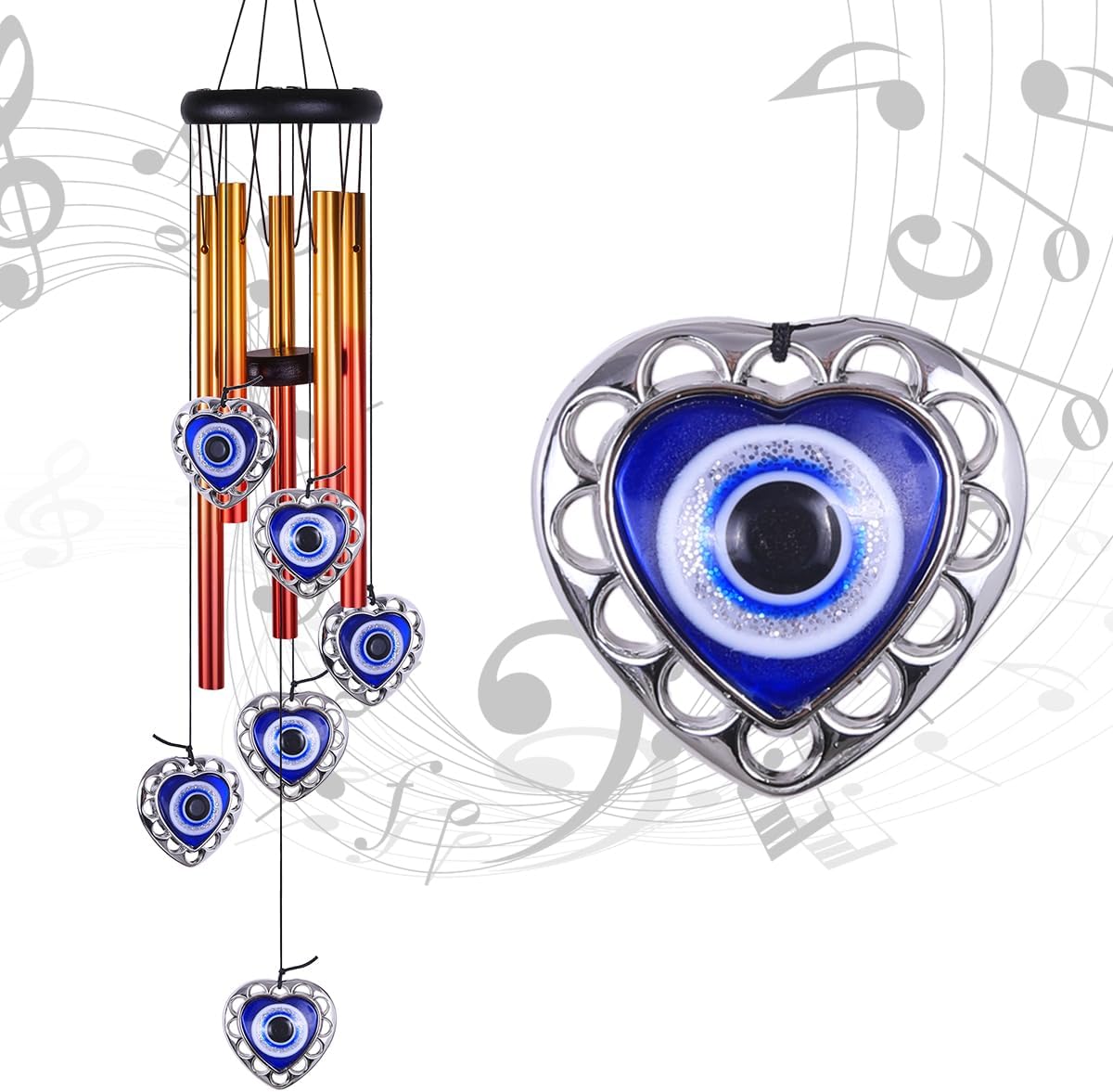 Blue Evil Eye Heart-Shaped Wind Chimes Outdoor Decor, Heart - Evil Eye Wind Bells, Mobile Evil Eye Windcatcher, Blue Evil Eye Amulet Wind Chimes for Home, Gifts for Mom,Balcony,Patio,Garden Decoration