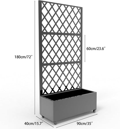 GarveeLife Metal Planter Box, with Diamond Lattice Trellis Planter Box, for Climbing Plants and Vines, Galvanized Raised Garden Bed on Wheels, Garden Bed with Trellis(72 in x35 in Black)