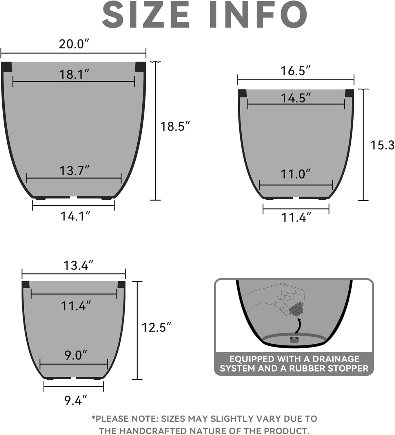 Kante 20",16.5",13.4" Dia Round Concrete Planters (Set of 3), Outdoor Indoor Modern Decorative Plant Pots with Drainage Hole & Rubber Plug for Home & Garden, Pure White