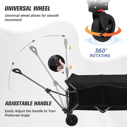 EAGLE PEAK Heavy-Duty Collapsible Folding Utility Wagon, All Terrain Garden Hand Cart with Large Size Pocket and Cup Holders for Sports, Beach, Camping, Garden, and Grocery, Black