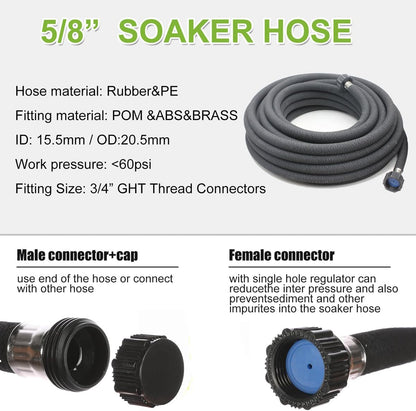 Soaker Hose with Connector 5/8in Diameter 25FT 50FT Black Garden Water Hose Flower Bed and Lawn Lightweight Hose (50FT)