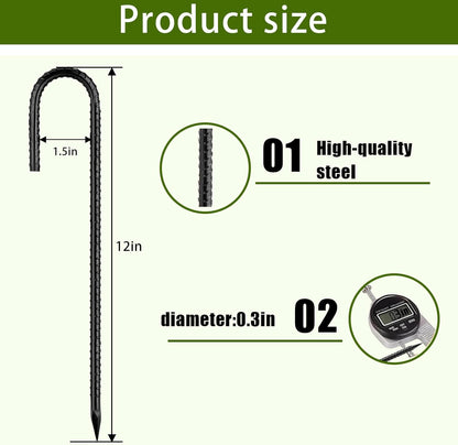 Rebar Stakes 12 Inch, Ground Stakes Heavy Duty J-Hook Black Coated Anti-Rust Heavy Duty Ground Anchors for Garden Dog Fence Chicken Coop Christmas Decorations Deer Fence 30pcs