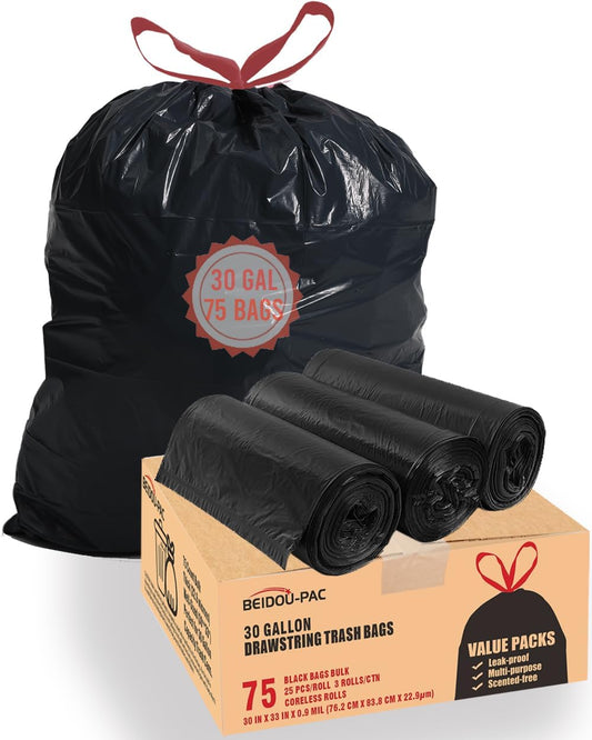 30 Gallon Trash Bags Drawstring, 75 Count Bulk, Black & Unscented, Multi-purpose Garbage Bags Can