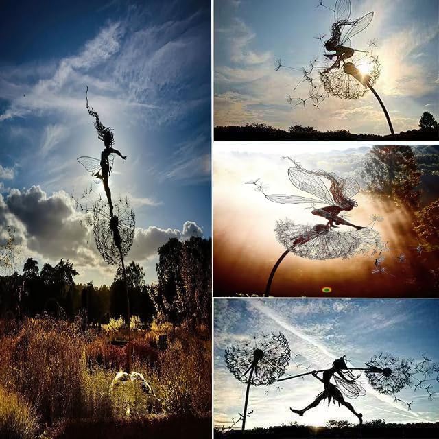 Flower Fairy Dancing with Dandelion, Art Sculpture Fairies for Fairy Garden, Angel Metal Ornaments Gardens Art Sculpture, Outdoor Decorations for The Courtyard, Christmas and Halloween Lawn (B)