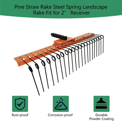 5FT Durable Pine Straw Rake Steel Spring Landscape Rake Fits 2" Receiver for Lawn Tractors or ATV/UTV Orange